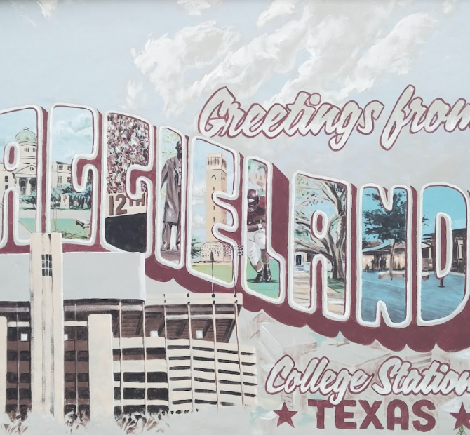 Mural of a light blue sky with clouds with the words 'Greetings from Aggieland College Station Texas' curved around Texas A&M's football stadium, Kyle Field.