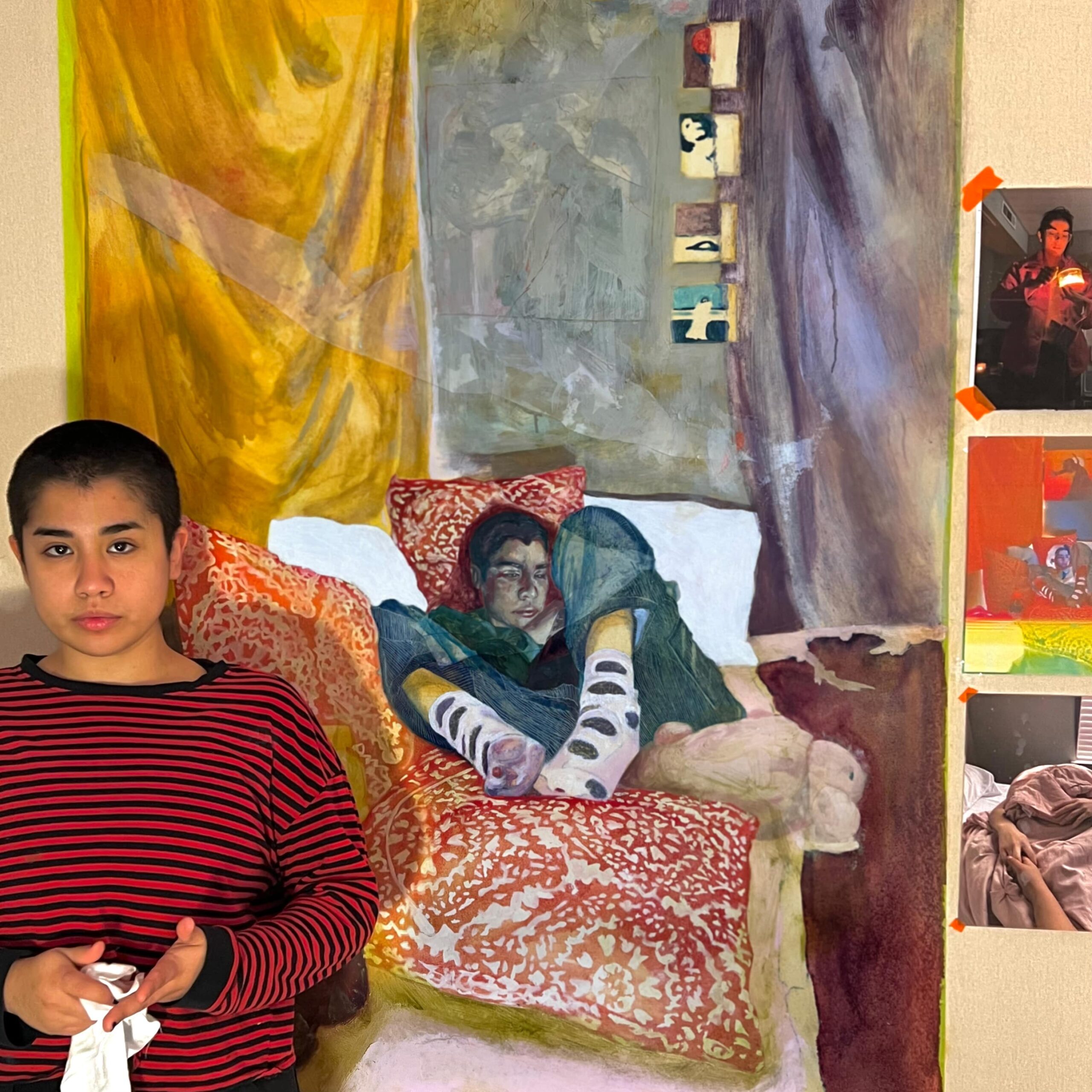 Headshot of Sarah Gomez standing in front of a large painting of someone laying in bed and 3 reference images