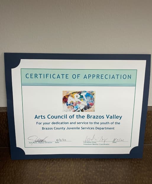 Arts Council of the Brazos Valley Certificate of Appreciation