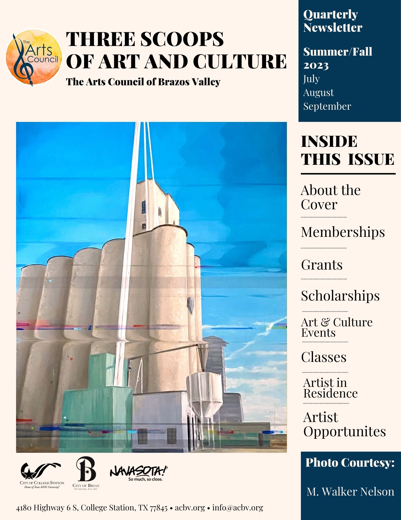 Cover of the Arts Council of the Brazos Valley's Summer/Fall issue quarterly newsletter titled 'Three Scoops of Art and Culture'